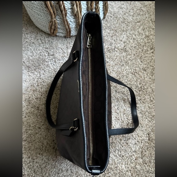 Coach Zip Top Tote Bag In Signature Canvas Black/Walnut/Gold 
Style code -F34603 - Picture 12 of 14